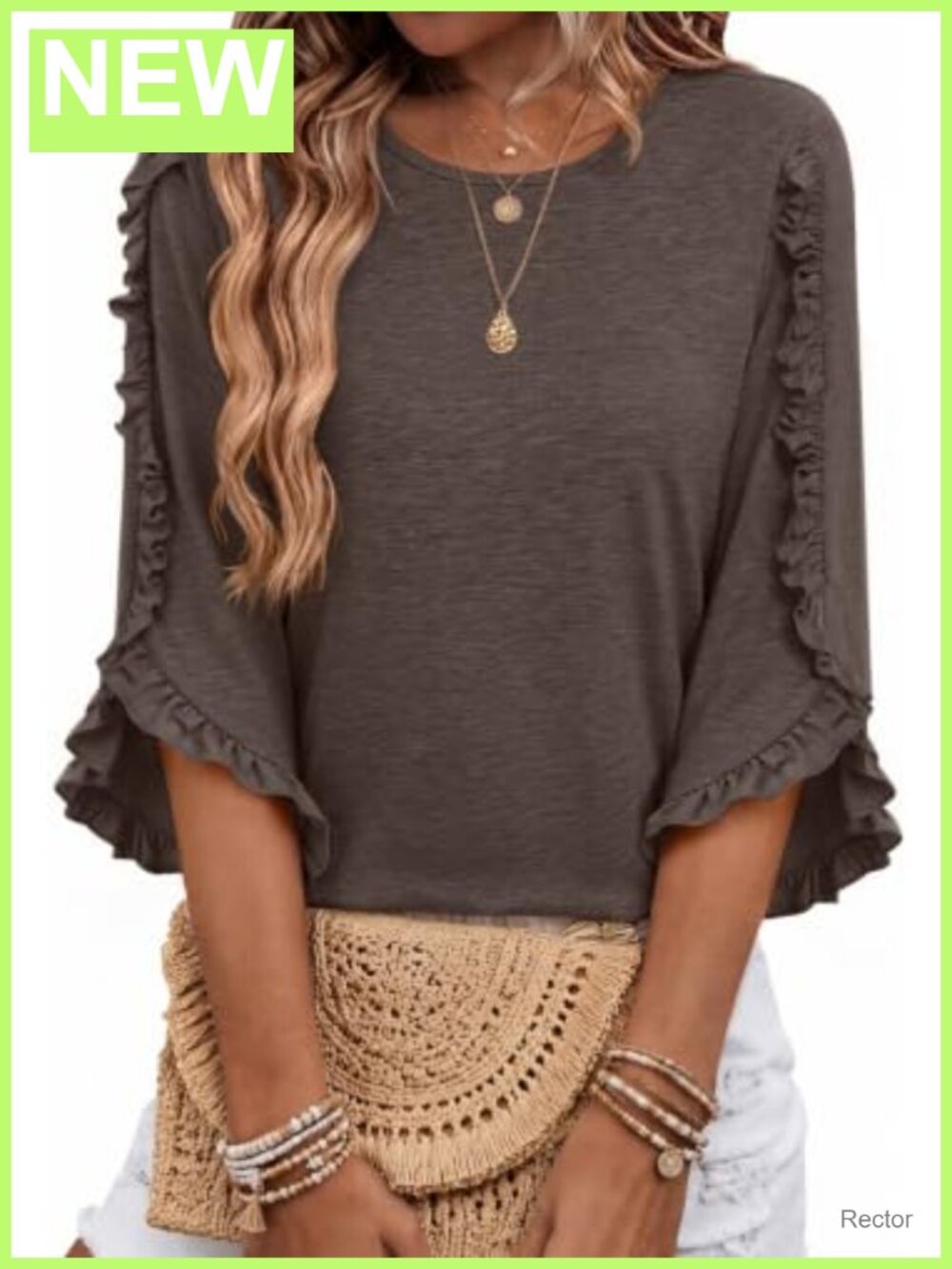 3/4 Sleeve Ruffle Trim Crewneck Tunic Top Polyester Rayon Spandex Women's Blouse